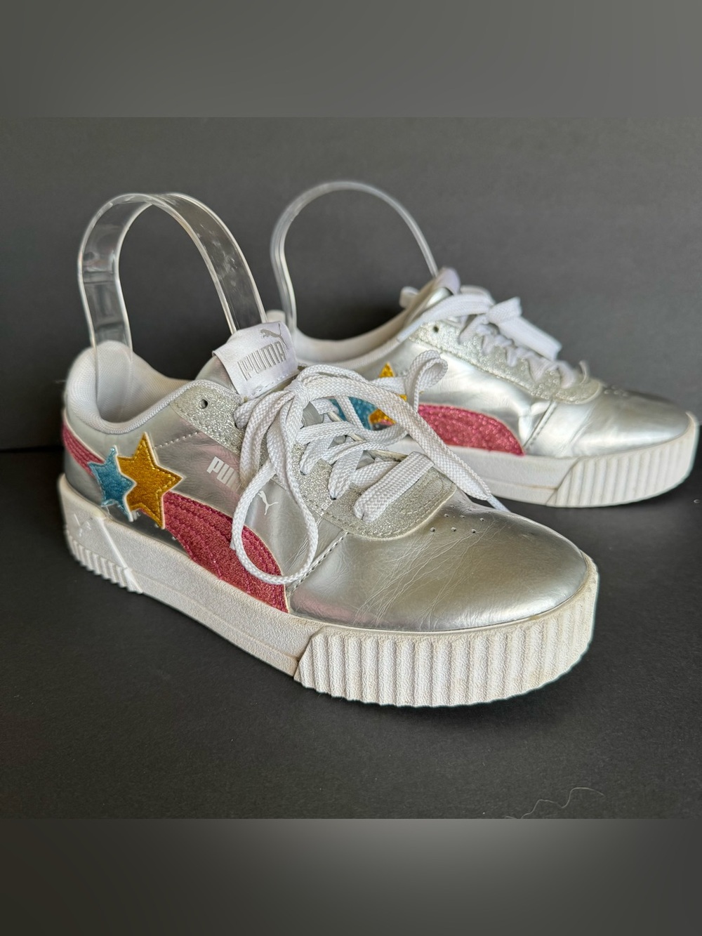 Puma Sneakers Shoes Metallic Silver Stars Kids Girls Size 4C